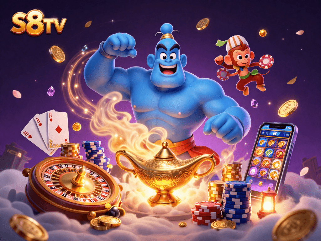S8TV genie reveals fantastic prizes while engaging players with dynamic casino elements in a vibrant atmosphere.