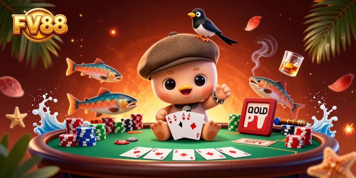 Engage in the fun world of FV88 with a playful scene of iconic characters in a vibrant casino atmosphere