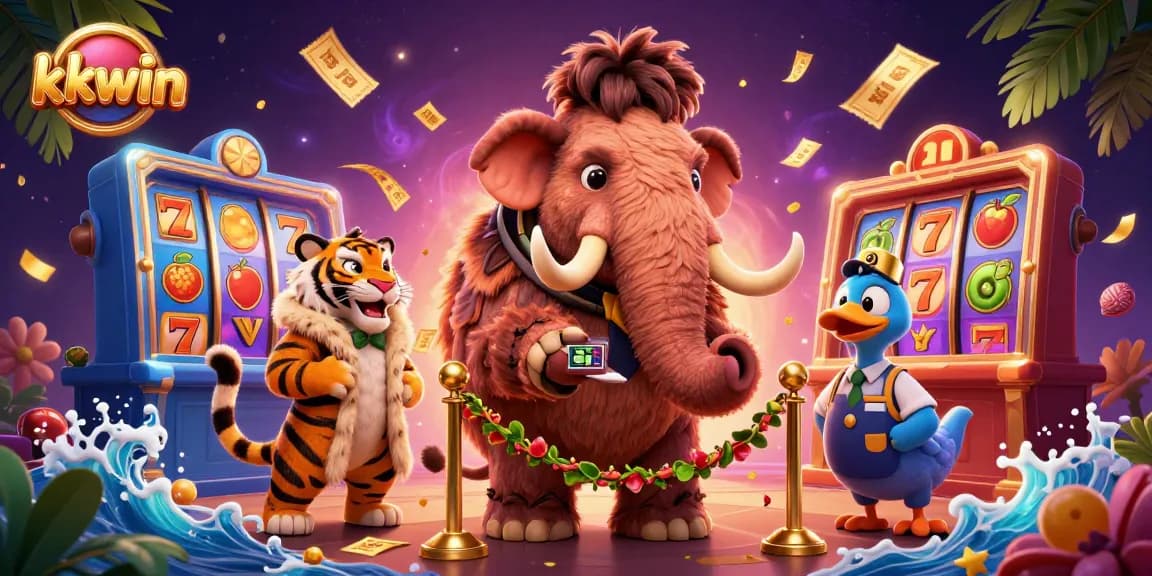 kkwin casino bouncer checks IDs at the door as colorful slot elements and money rain create an exciting atmosphere.