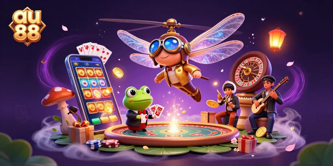 Experience thrilling gameplay at au 88 with a vivid illustration of a dragonfly pilot and card-dealing frog at the casino.