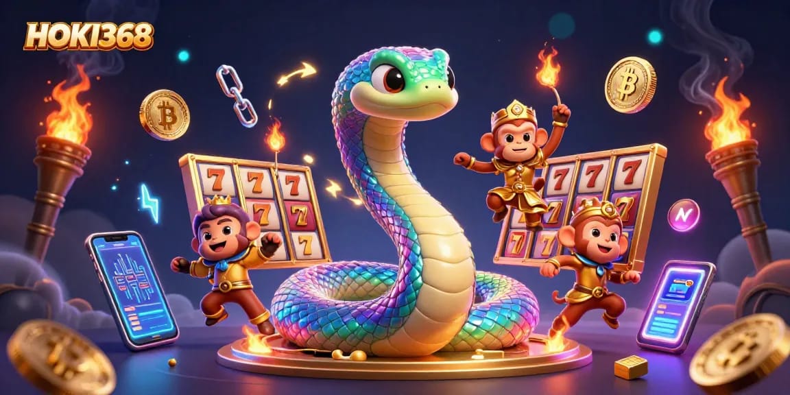 Experience HOKI368 with a dynamic depiction of a rainbow serpent and monkey king amid casino-themed elements.