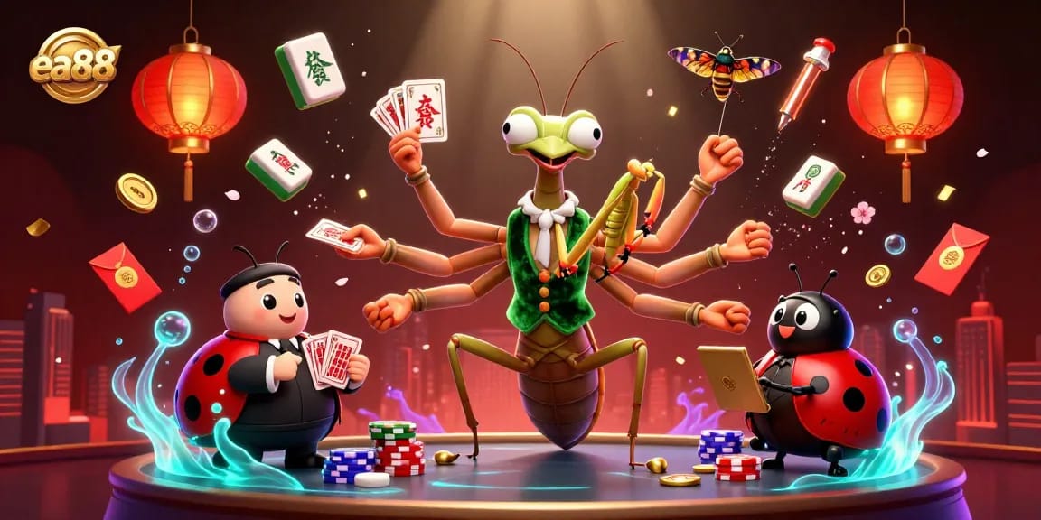 Experience the thrill of ea88 casino with a vibrant 3D illustration depicting card games and exciting elements.