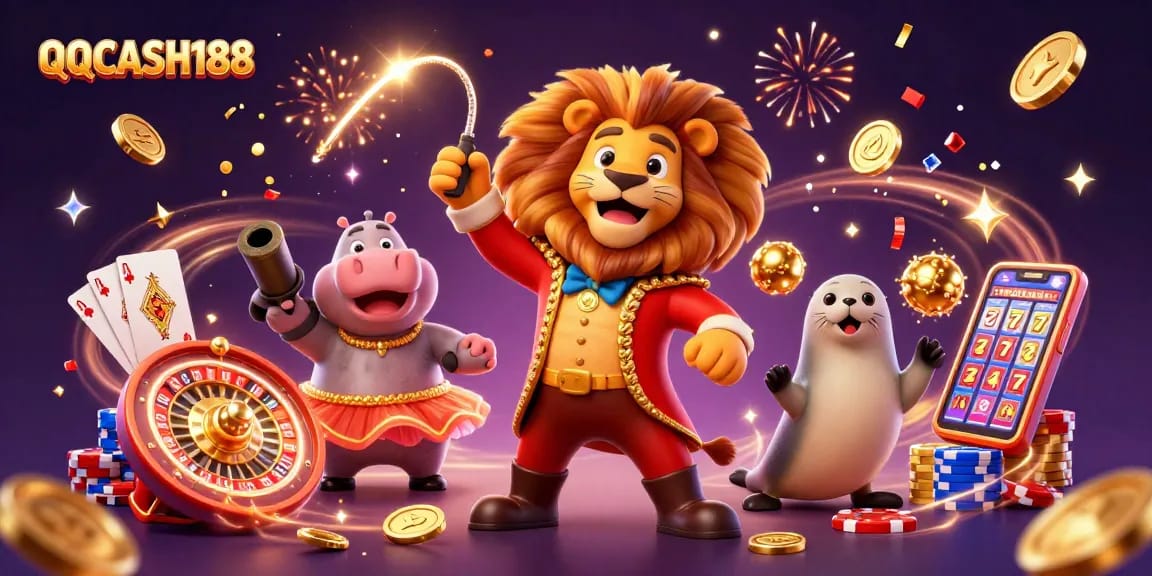 Experience excitement at QQCASH188 with a vibrant 3D casino scene featuring dazzling gold coins and dynamic characters.