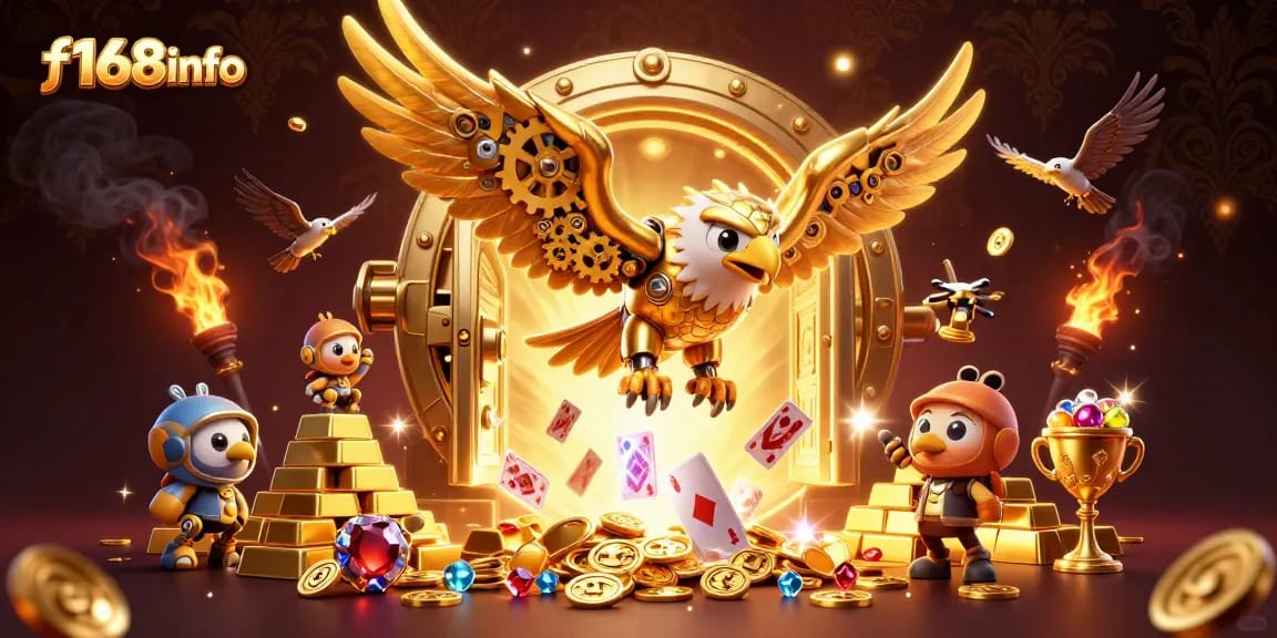 Experience thrilling gameplay with f168info, showcasing a golden eagle diving through colorful cards.