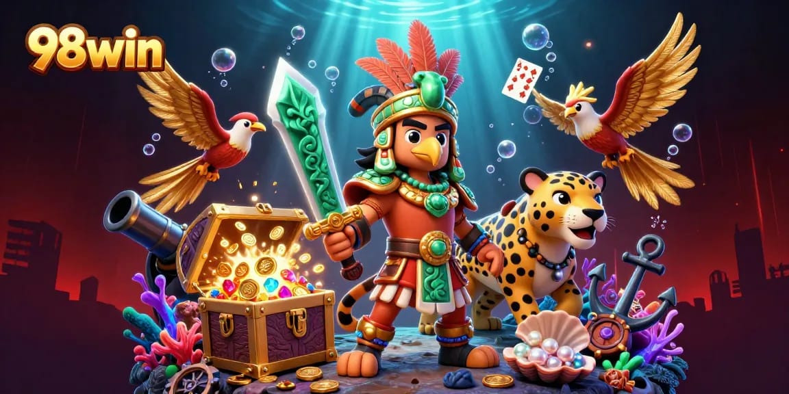 Bet on 98win with a dynamic 3D illustration showing Aztec warriors, treasures, and captivating casino elements.