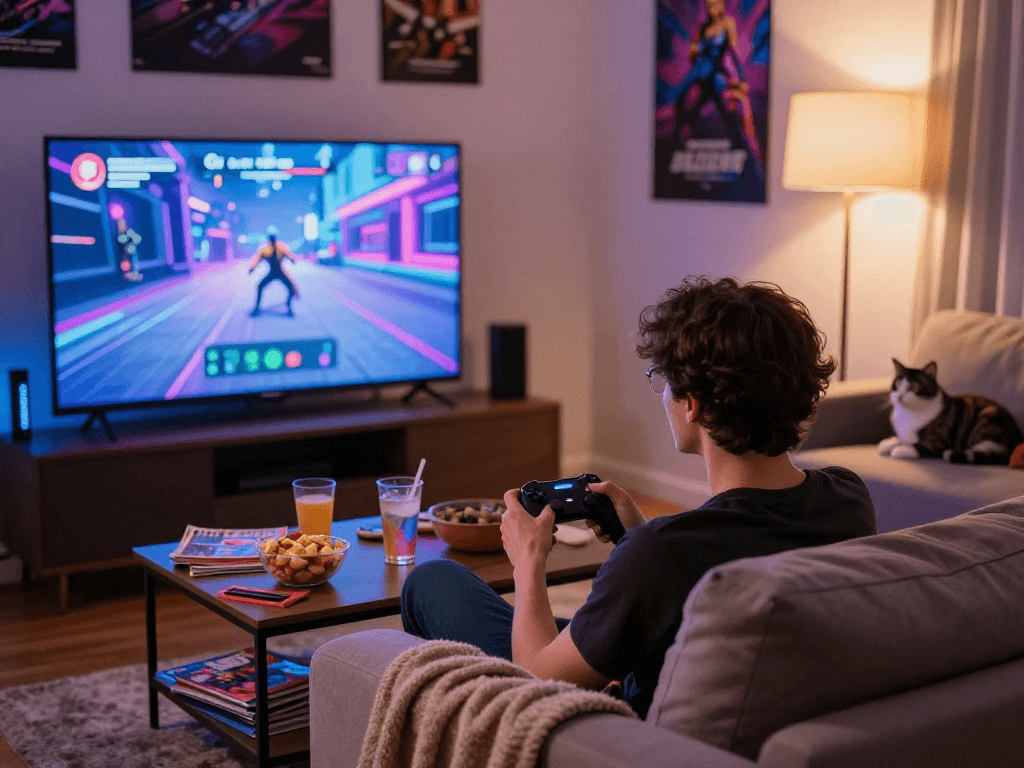 Engaging sex simulator gaming scene featuring a person playing in a cozy living room.