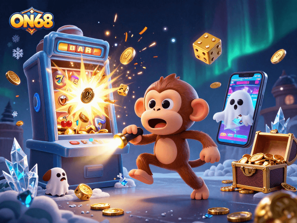 Engage with ON68's vibrant casino atmosphere featuring a playful monkey and ghost-hunter puppy amidst thrilling slot action.