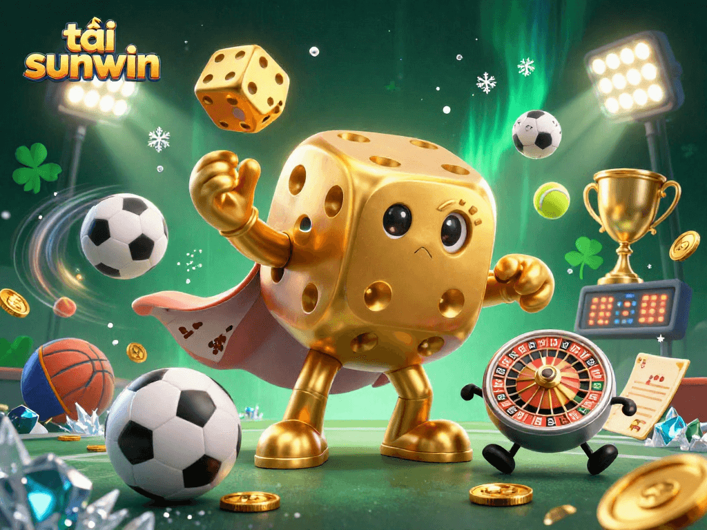Engage in thrilling gameplay with tải sunwin, showcased through an action-packed illustration of a golden dice golem.