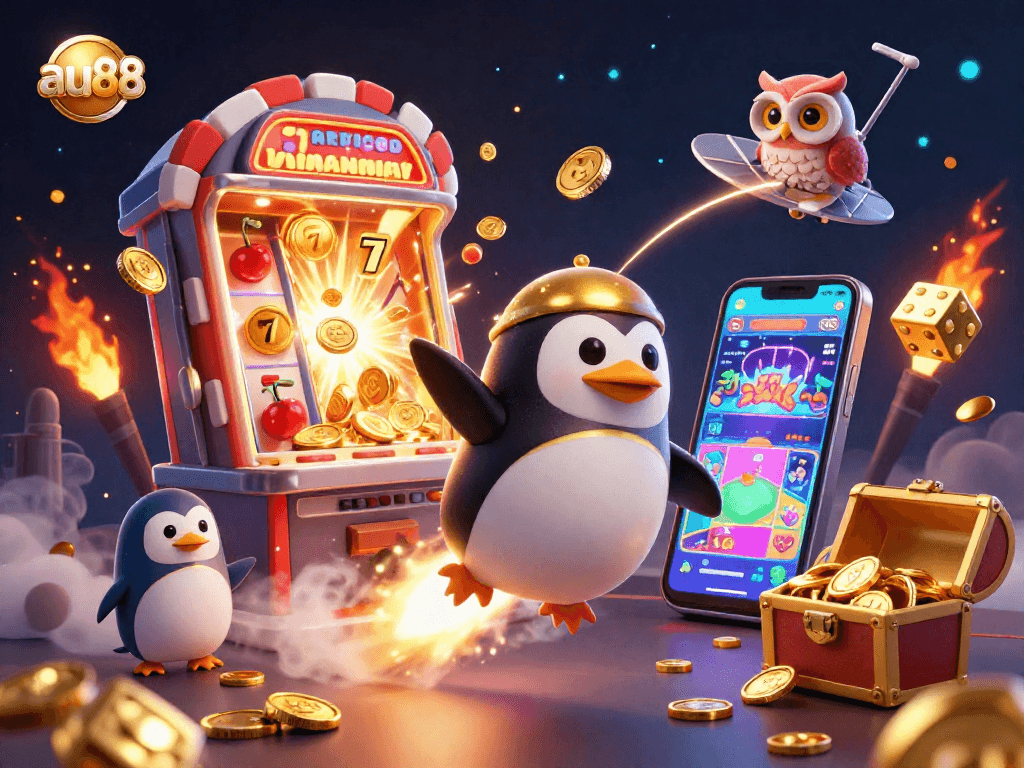 Win with au88: A golden penguin flies toward a poker chip casino amid exploding jackpots and vibrant game elements.