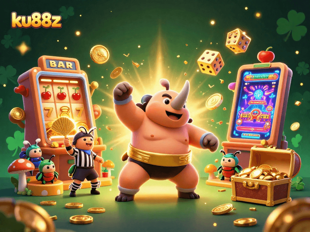 ku88z casino scene with cartoon beetle champion and jackpot explosion, vibrant gaming atmosphere
