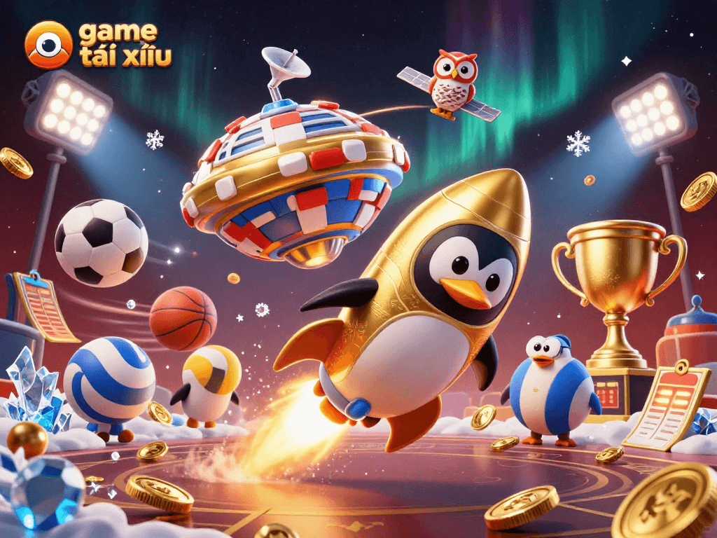 Experience game tài xỉu with a dynamic 3D illustration featuring a golden penguin and casino elements.