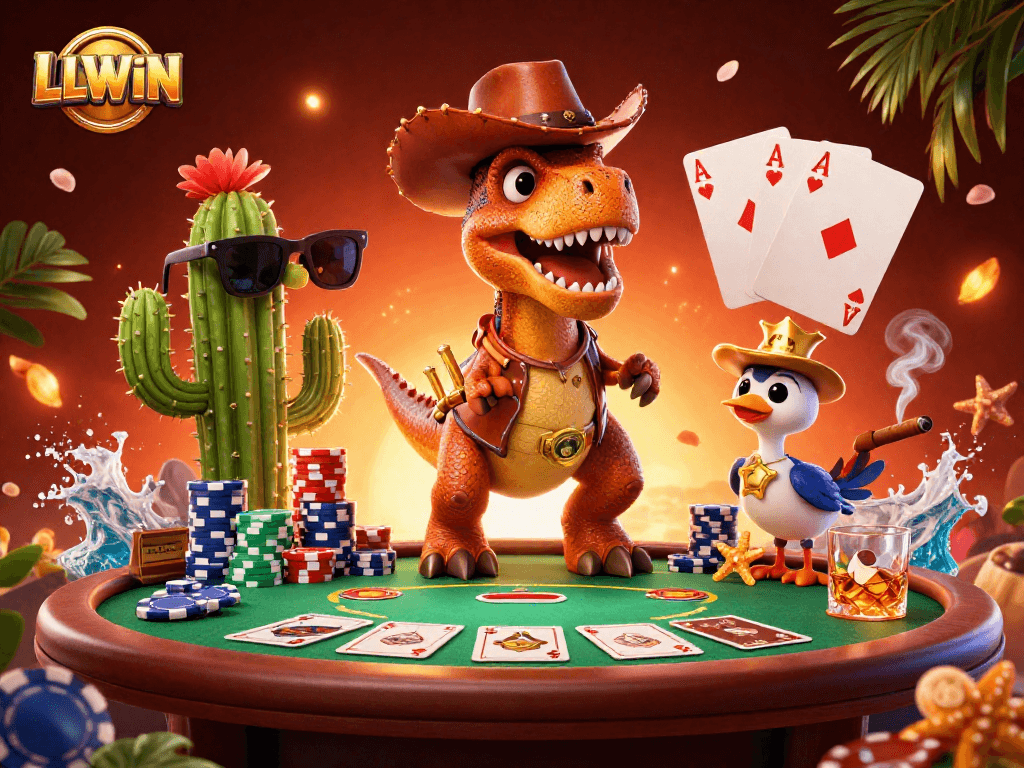 Engage with LLWIN at a vibrant poker night with an animated T-Rex and friends, showcasing thrilling gaming elements.