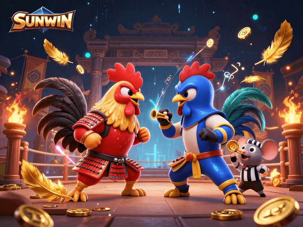 SUNWIN roosters face off in an online casino arena with golden feathers and dynamic betting tokens.