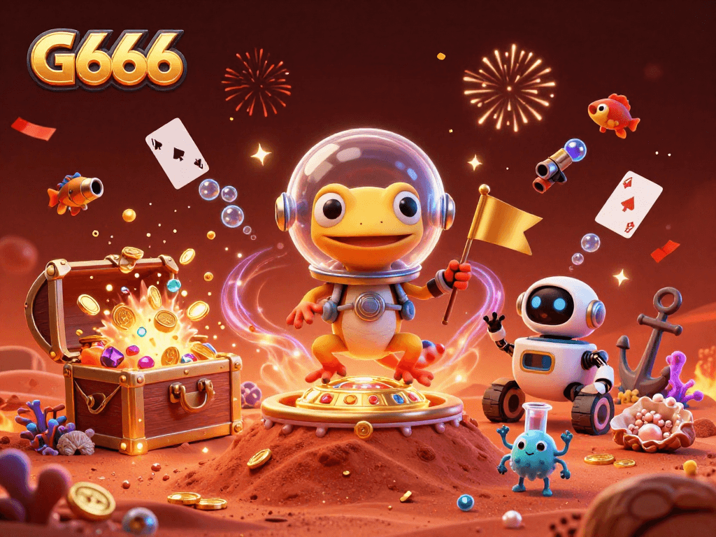 Join the excitement at G666 with a Martian gecko uncovering treasures in a vibrant casino scene.