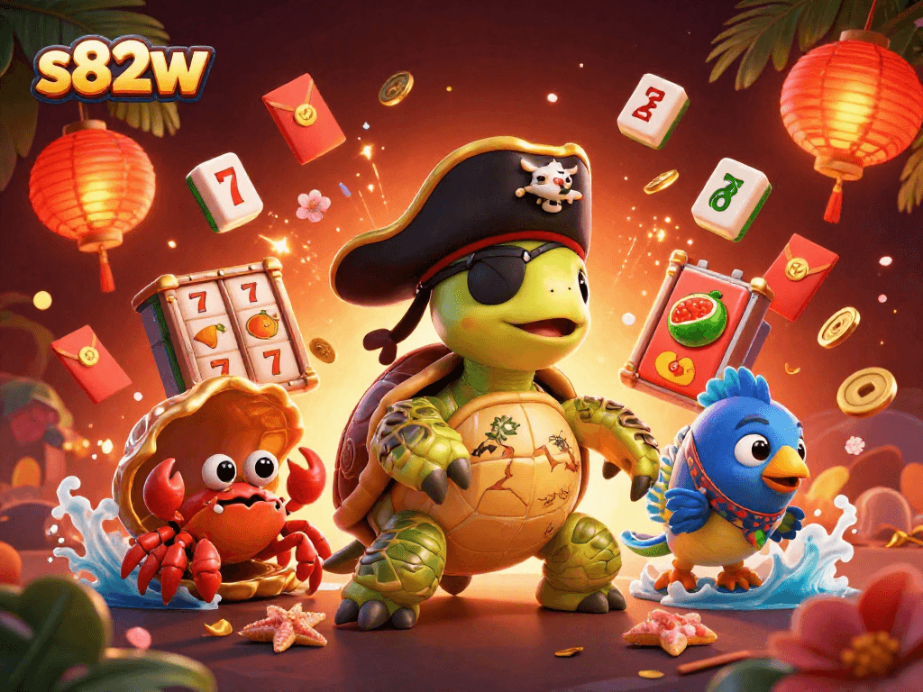 s82w engages players with captivating 3D illustration of online casino games, highlighting dynamic action and vibrant elements.