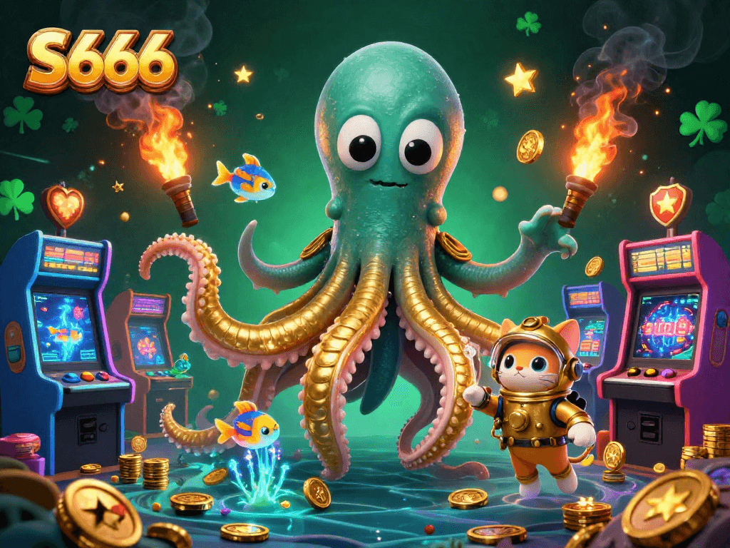 S666 casino illustration featuring a mystic kraken, diving cat, and glowing game machines bringing excitement to gaming.