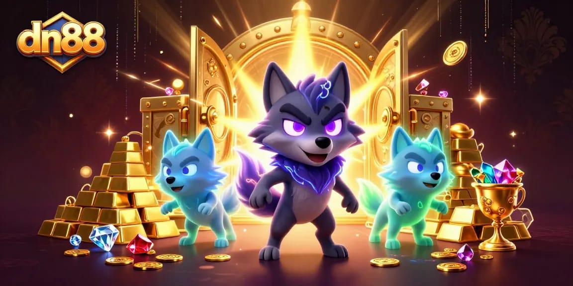 Exciting dn88 casino adventure featuring a spectral wolf pack and treasure in a vibrant setting.