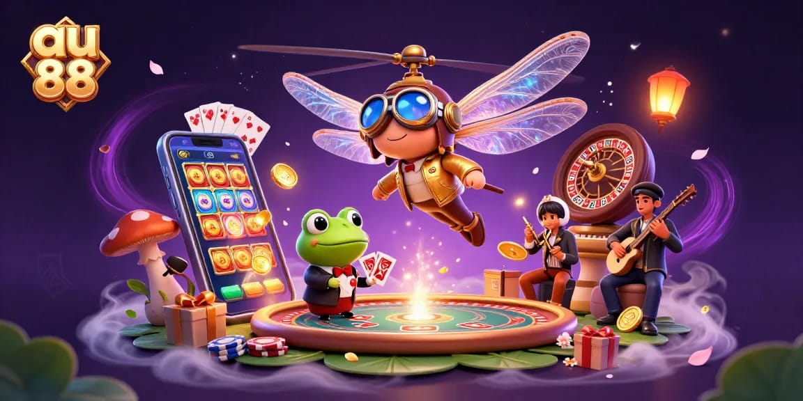 Experience thrilling gameplay at au 88 with a vivid illustration of a dragonfly pilot and card-dealing frog at the casino.