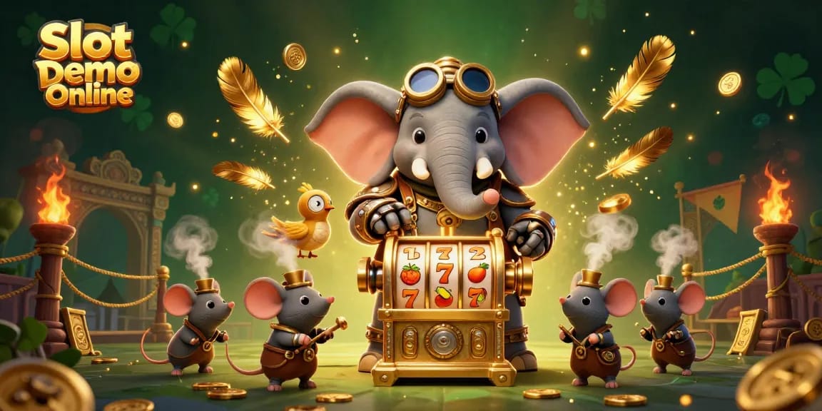 Engage with Slot Demo Online featuring a steampunk elephant operating a magical slot machine amid vibrant game elements.