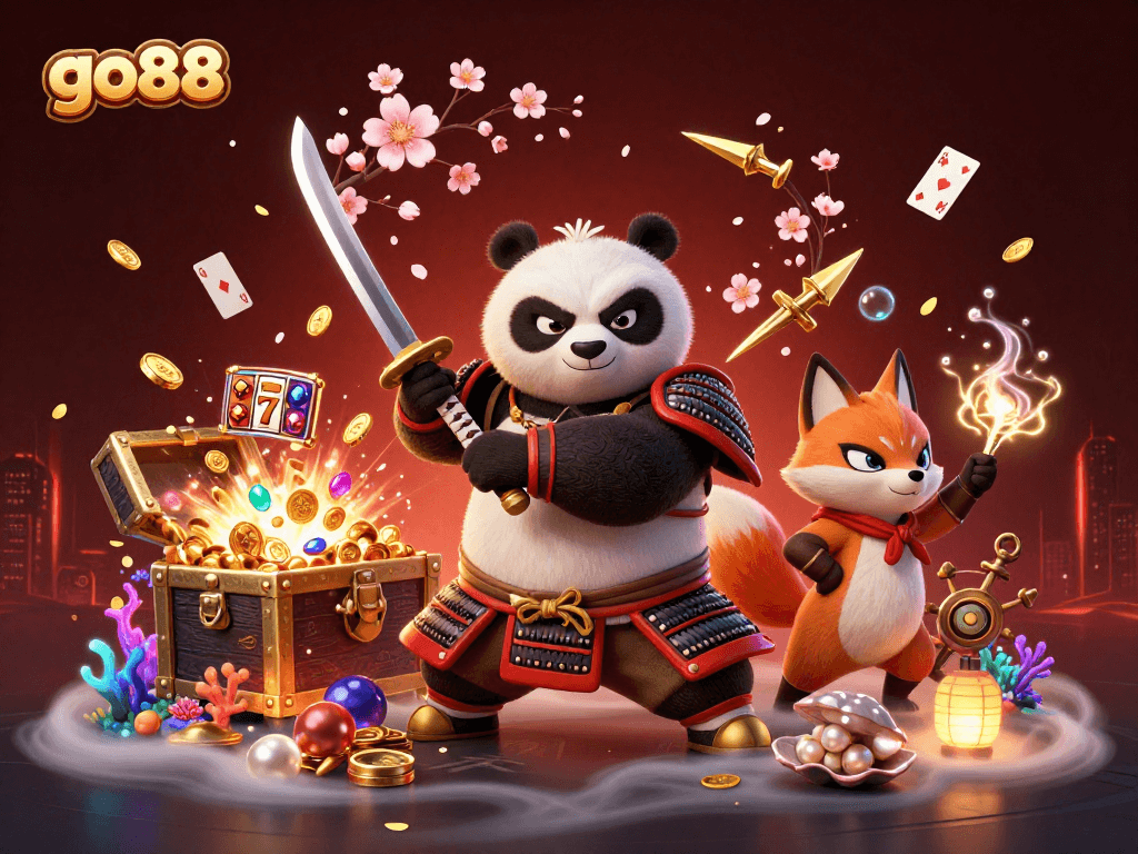 Experience the thrill of go88 with samurai, ninja fox, and magical spirit amidst vibrant casino elements.
