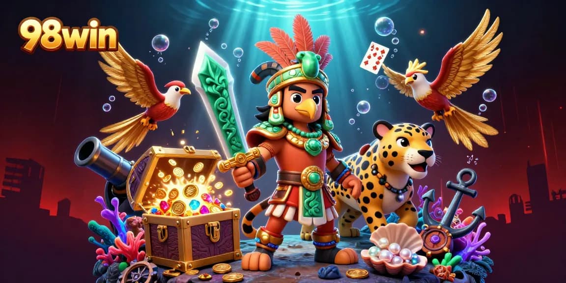 Bet on 98win with a dynamic 3D illustration showing Aztec warriors, treasures, and captivating casino elements.