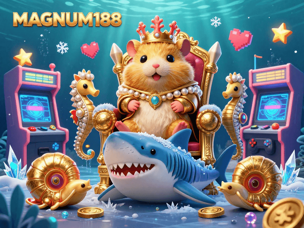 Engage with MAGNUM188's vibrant 3D gaming scene featuring a golden hamster king and exciting arcade elements.