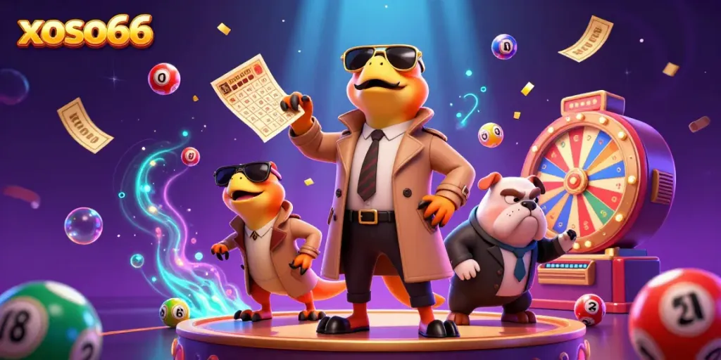 Experience the excitement at xoso66 with colorful lottery elements and charming raptors in a casino scene.