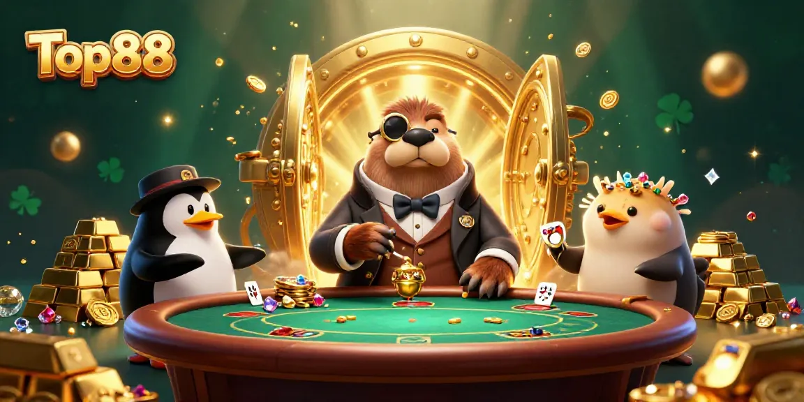 Engage in exciting underwater poker at Top88 with a jolly walrus, sophisticated penguin dealer, and pufferfish player.