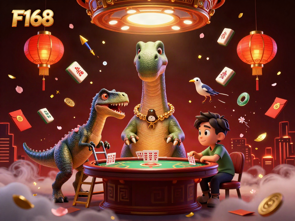Experience F168 with a massive brontosaurus and clever raptor in a vibrant casino setting full of excitement.