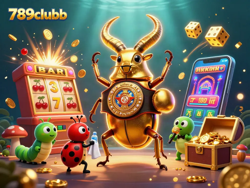 Experience the 789clubb excitement with a golden beetle champion amid jackpot celebrations.