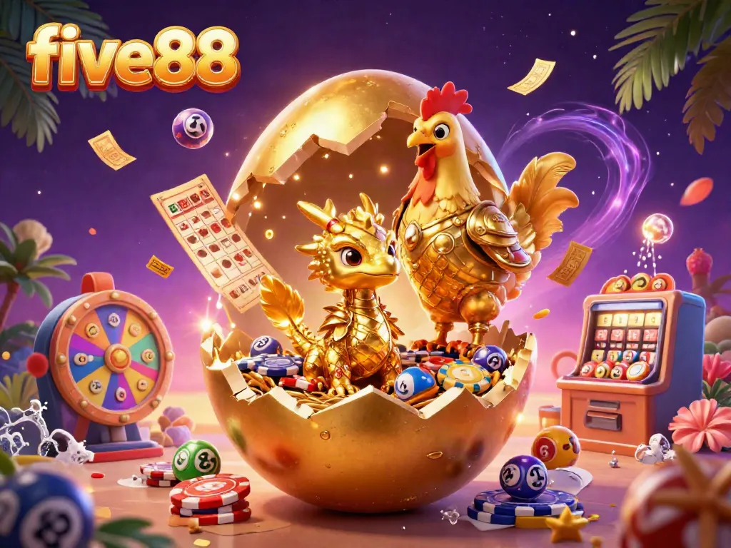 Experience brilliant excitement with five88 as golden dragon emerges from its nest of poker chips amidst dynamic lottery elements.