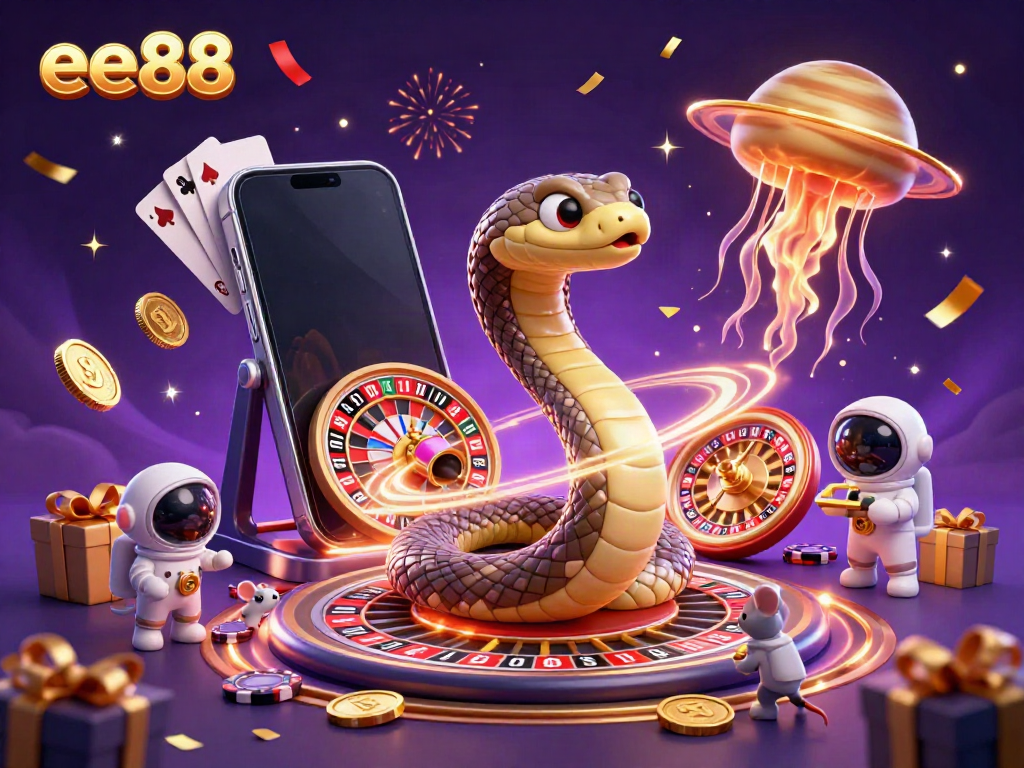 Experience thrilling gambling action with ee88's vibrant 3D illustration featuring cosmic elements and vibrant casino games.