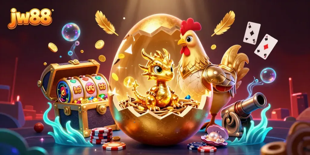 Experience the excitement of jw88 with a golden dragon and dynamic slot elements in a vibrant casino scene.