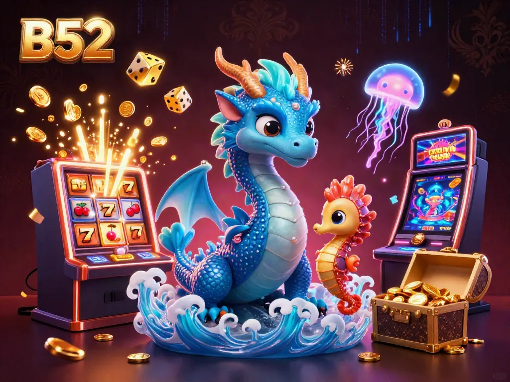 B52 dragon and seahorse knight celebrating a jackpot in a vibrant casino scene full of colors.