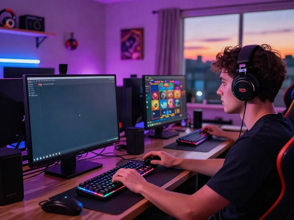 Engaging online slot gaming setup featuring server Thailand access on a laptop, with vibrant graphics and modern gaming peripherals.
