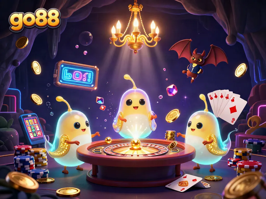 Experience the excitement of go88 with a vibrant 3D casino scene full of glowing characters and rich game elements.