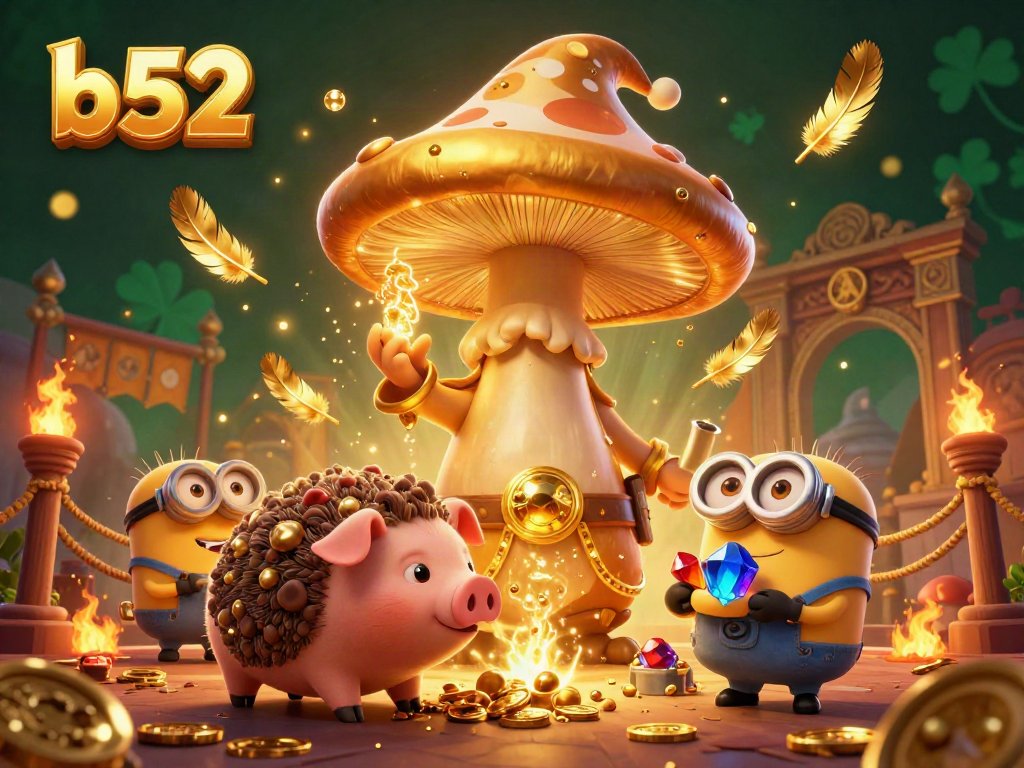 Engage in thrilling casino magic with the b52 themed golden mushroom wizard casting spells in a lively gambling arena.