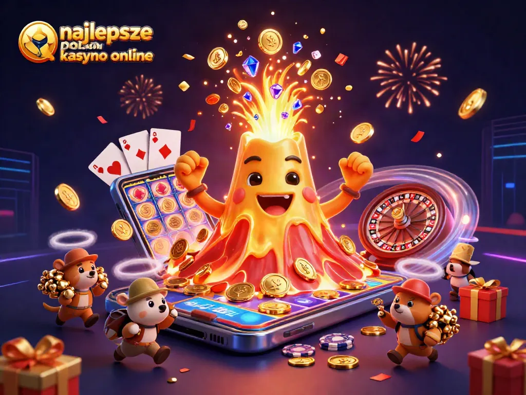 Watch golden volcano spilling coins and gems in the najlepsze polskie kasyno online illustration, showcasing thrilling casino action.