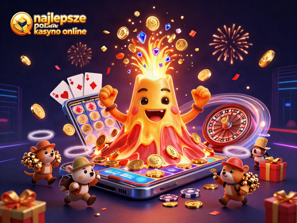 Watch golden volcano spilling coins and gems in the najlepsze polskie kasyno online illustration, showcasing thrilling casino action.