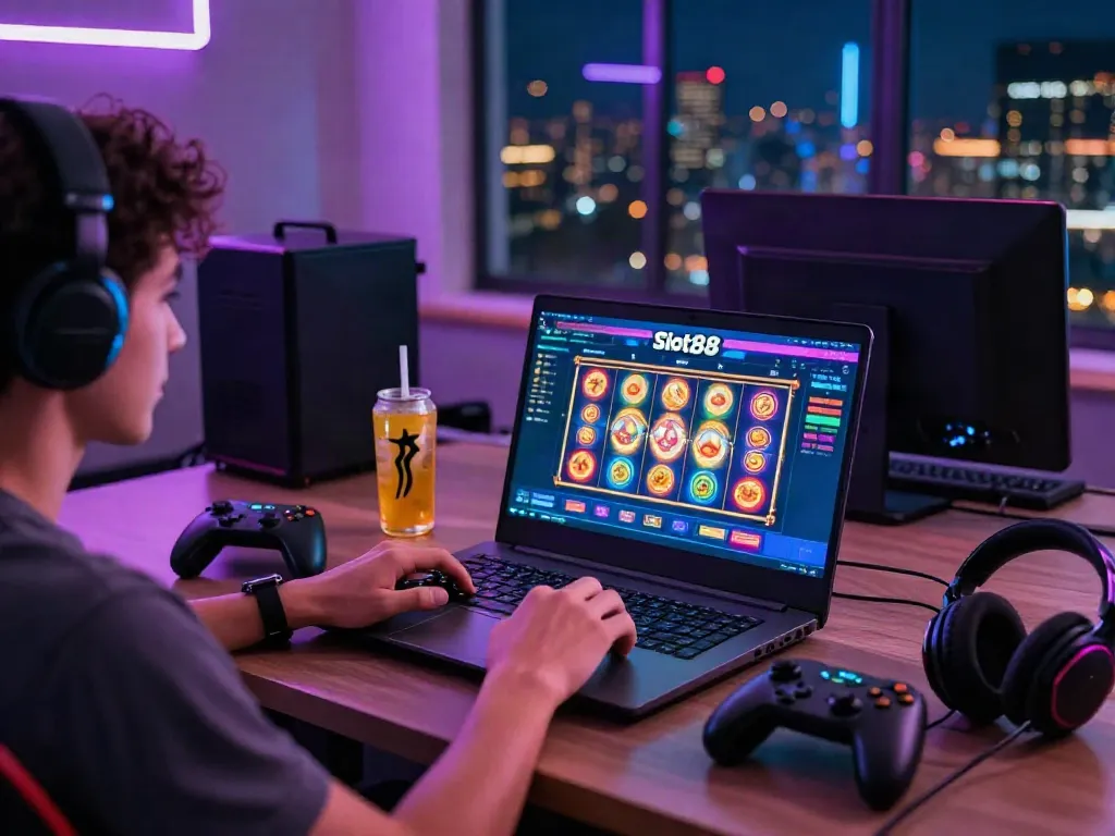 Engaging slot88 gaming experience with vibrant visuals and gaming accessories.