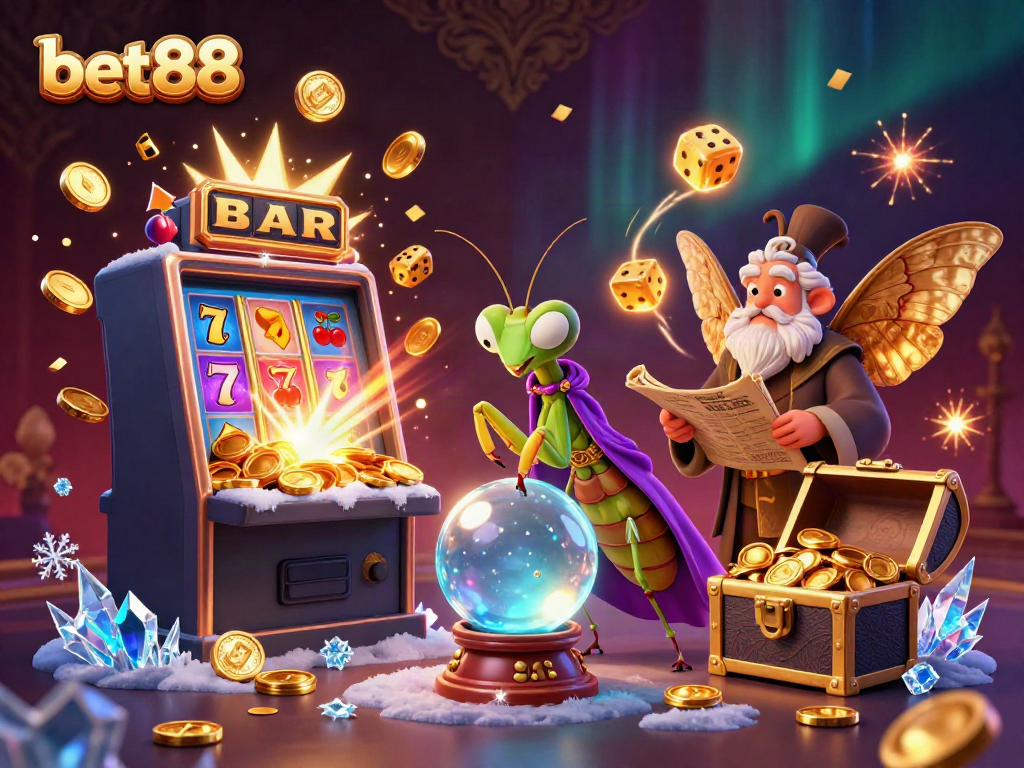 Engage with bet88’s thrilling casino scene featuring a praying mantis fortune teller and exciting jackpots.