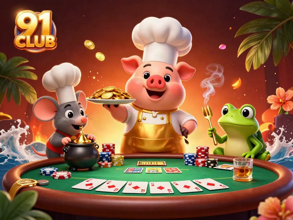 Engage with thrilling poker action at 91 CLUB featuring vibrant characters and gold-themed elements.