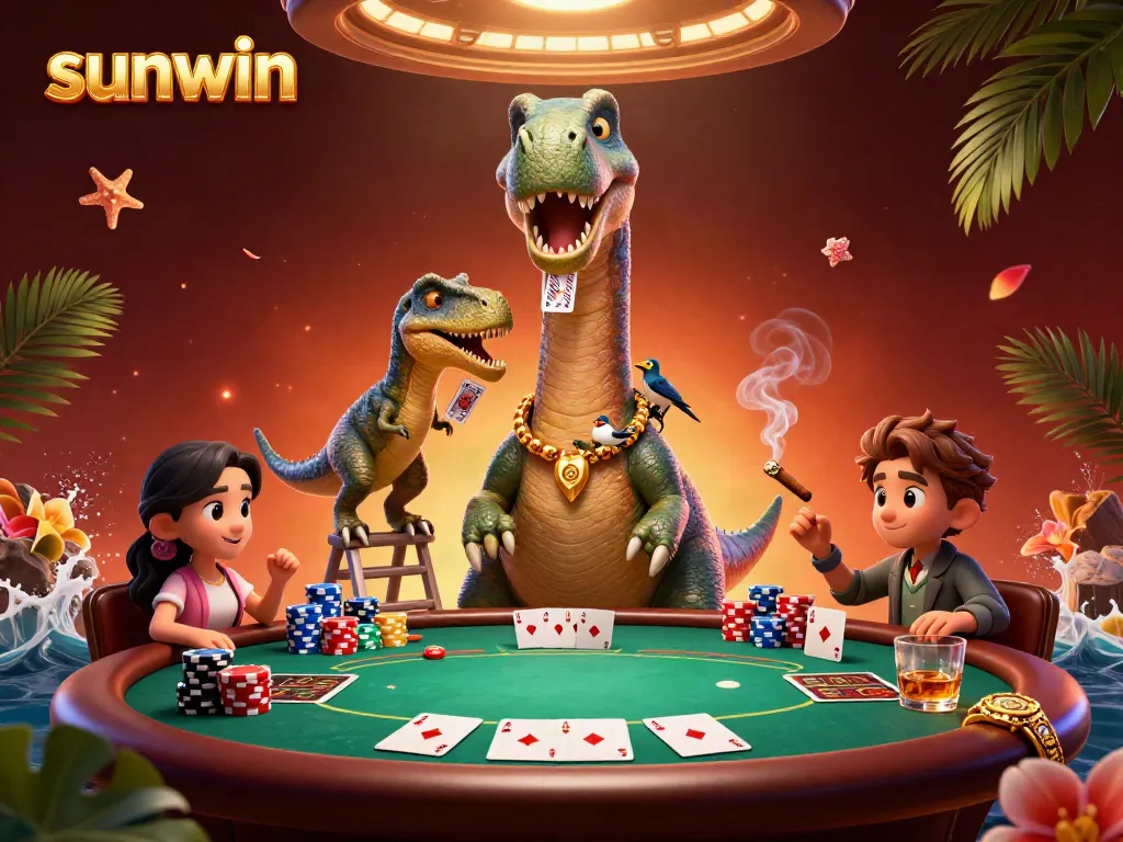 Experience thrilling gameplay at Sunwin with a cartoon dinosaur poker scene showcasing dynamic gaming elements.