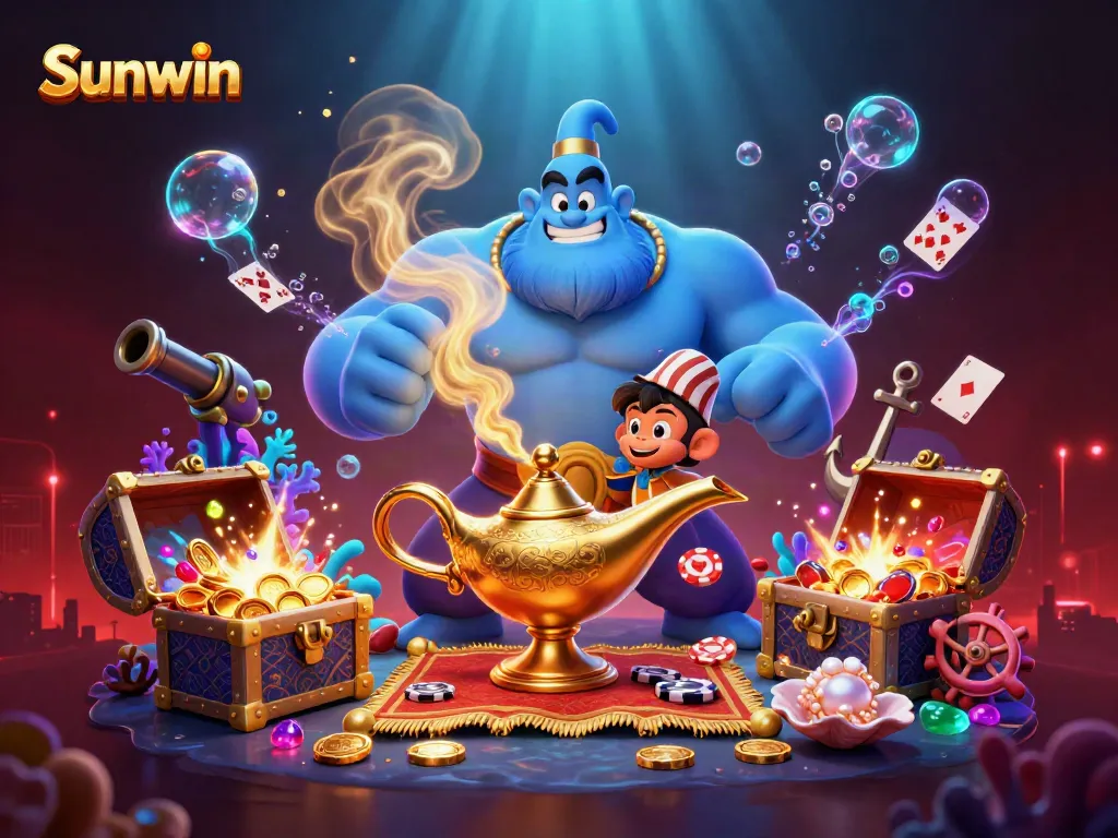 Engage with Sunwin's vibrant casino experience featuring a genie, treasures, and poker elements.