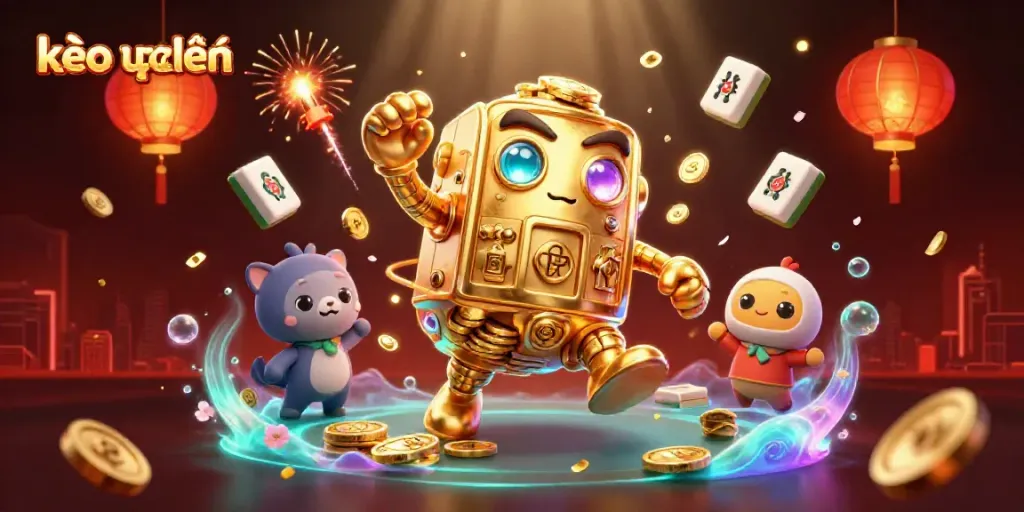 Engage in thrilling kèo trực tuyến action with a dynamic golden golem and festive elements in a vibrant casino scene.