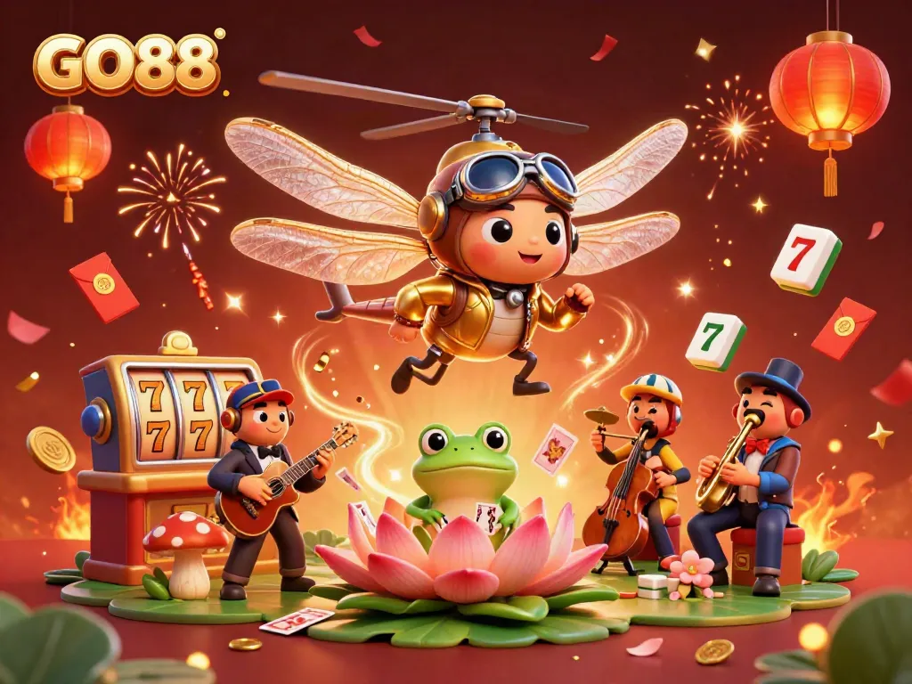 Experience thrilling casino fun with GO88 in a whimsical dragonfly pilot scene filled with games and celebration.