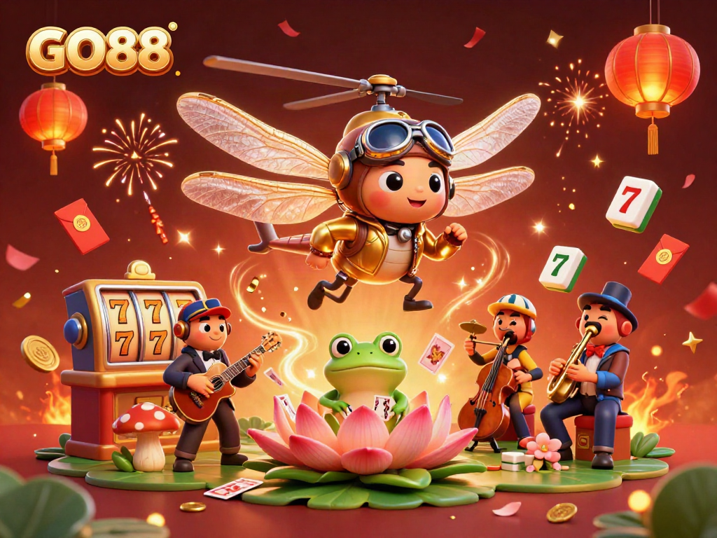 Experience thrilling casino fun with GO88 in a whimsical dragonfly pilot scene filled with games and celebration.