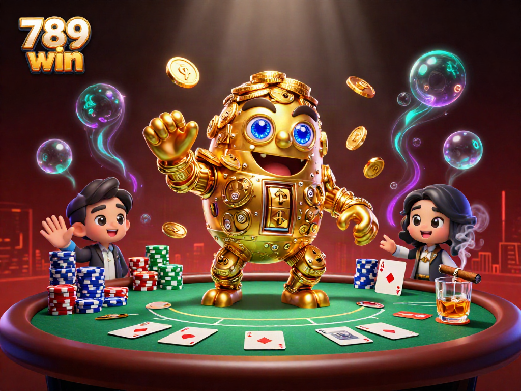 Engage with the exhilarating world of 789 win through a dynamic casino scene filled with poker elements and coin sprites.