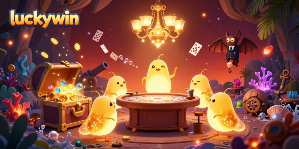 Experience the thrill of winning at luckywin with animated glowworms lighting up a vibrant casino scene.