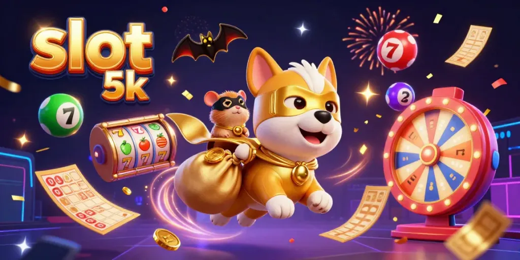 Engage with the vibrant slot 5k gaming experience, viewing a superhero dog and hamster amidst exciting casino elements.